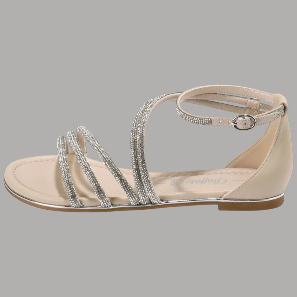 Sandali beige con cinturino alla caviglia e dettagli brillanti argento, suola bassa