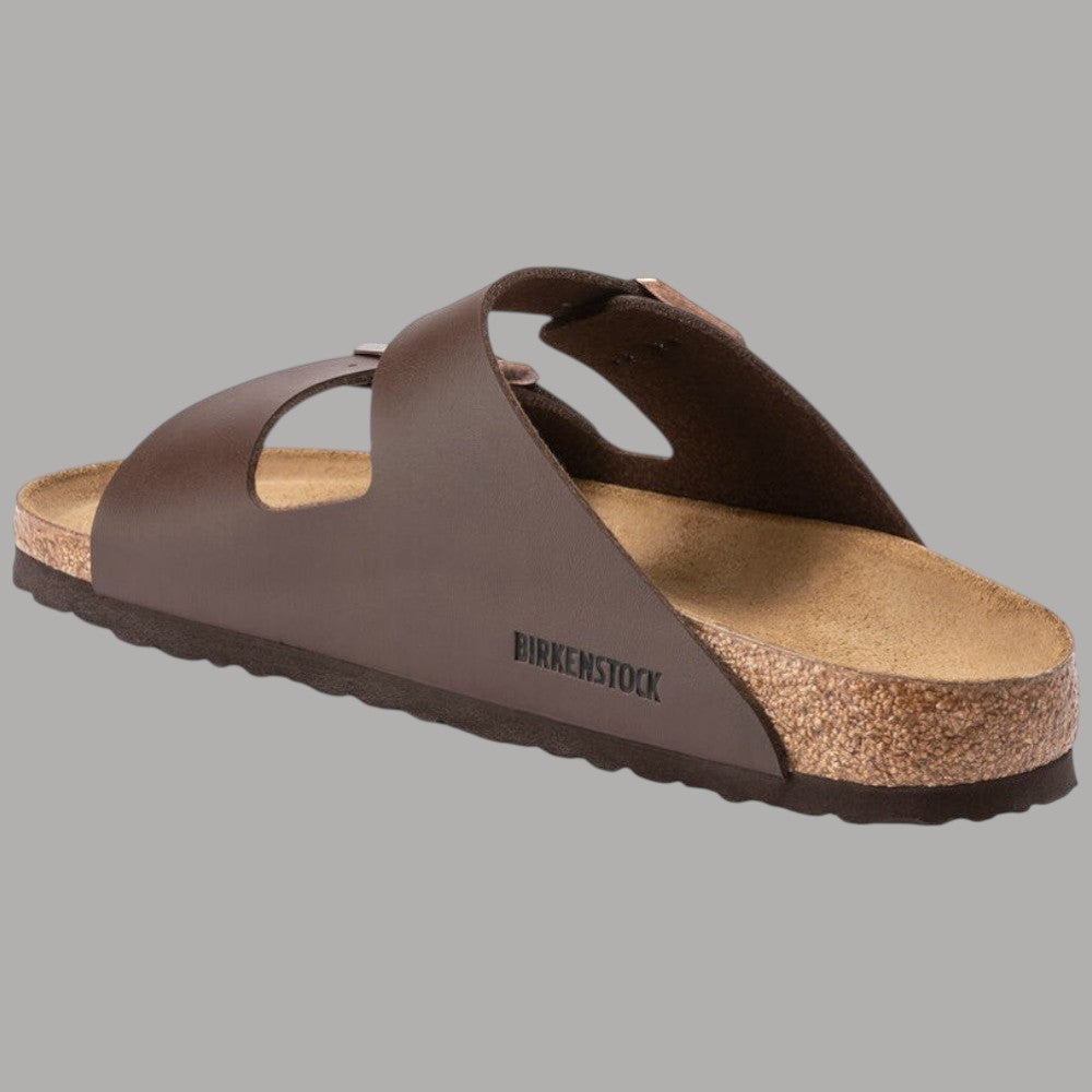 Ciabatte Birkenstock Arizona marrone con cinturino singolo frontale e scritta sul lato