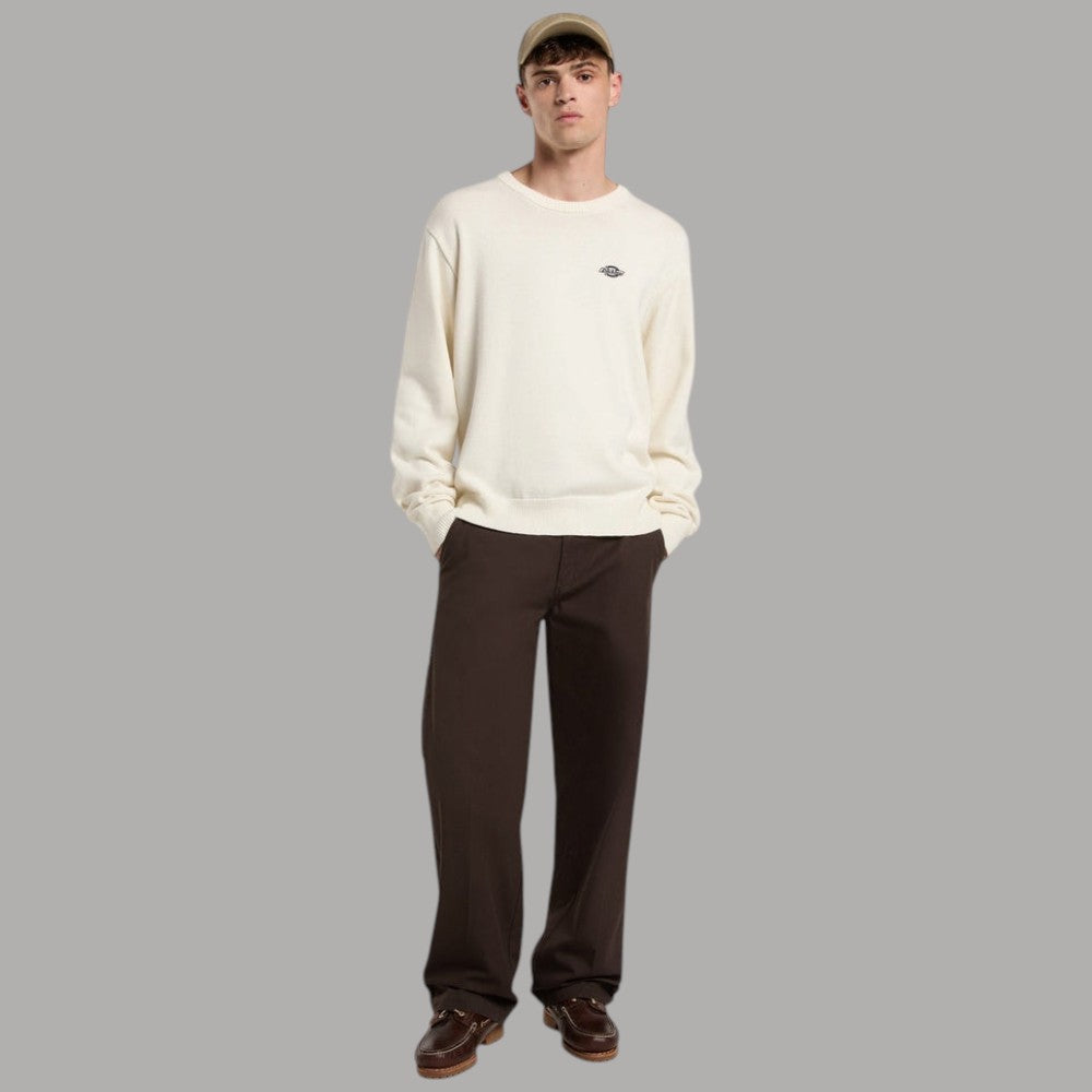 Maglione in cotone ecru con girocollo a coste, maniche lunghe e logo ricamato
