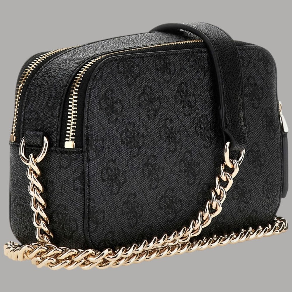 Borsa mini tracolla Guess Noelle nera con finiture dorate e catena decorativa