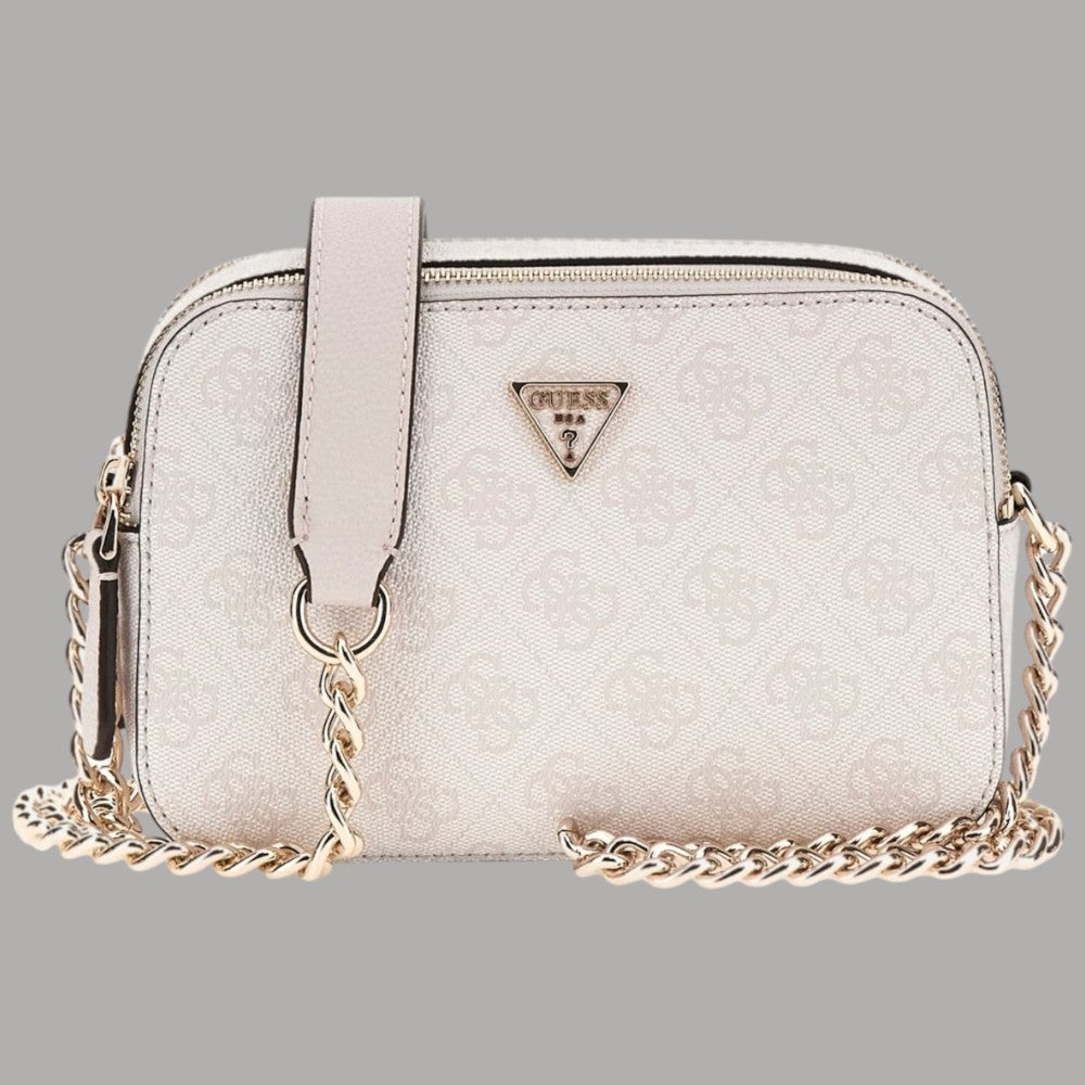 Borsa mini tracolla Guess Noelle crema con logo triangolare e catena dorata