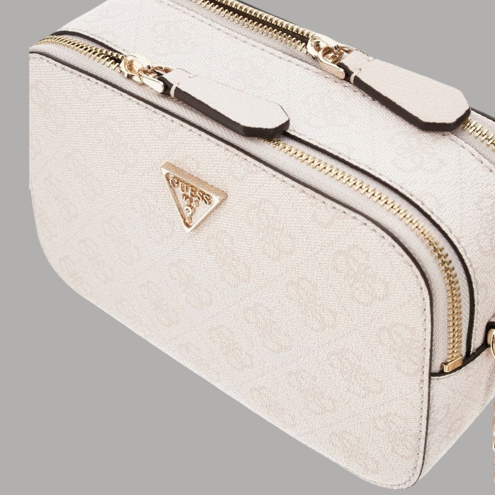 Borsa mini Guess Noelle crema con zip dorata e finitura metallica dorata