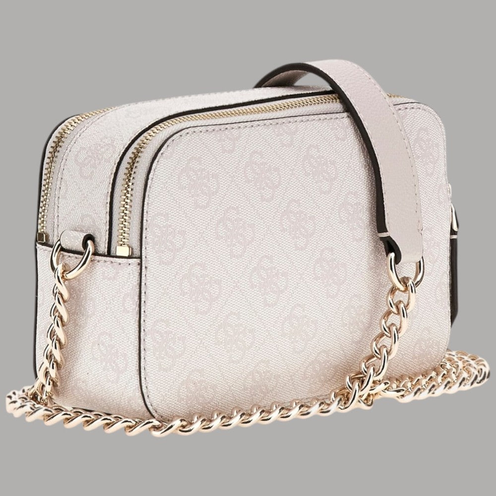 Borsa mini tracolla Guess Noelle crema con tracolla a catena e profilo imbastito