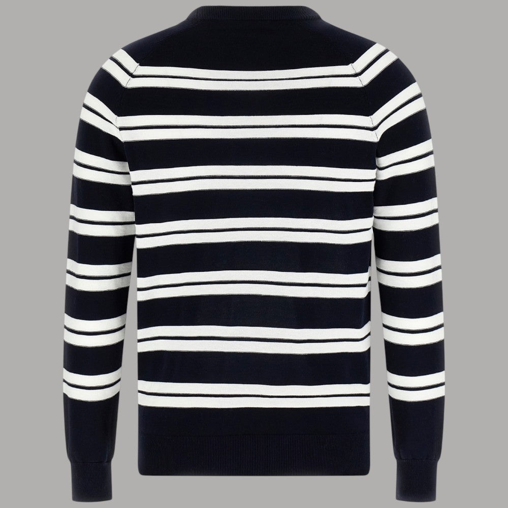 Pullover uomo cotone blu girocollo a righe orizzontali bianche, dettaglio retro