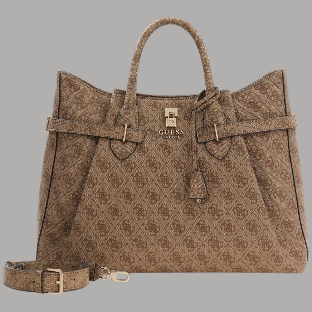 Guess borsa a mano Yesba latte con tracolla e logo dorato - Prodotti di Classe