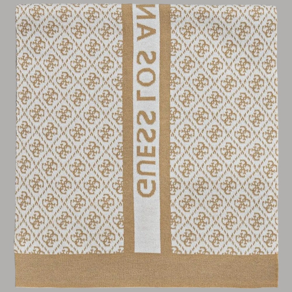 Sciarpa donna beige con motivo logato e fascia verticale bianca con scritta
