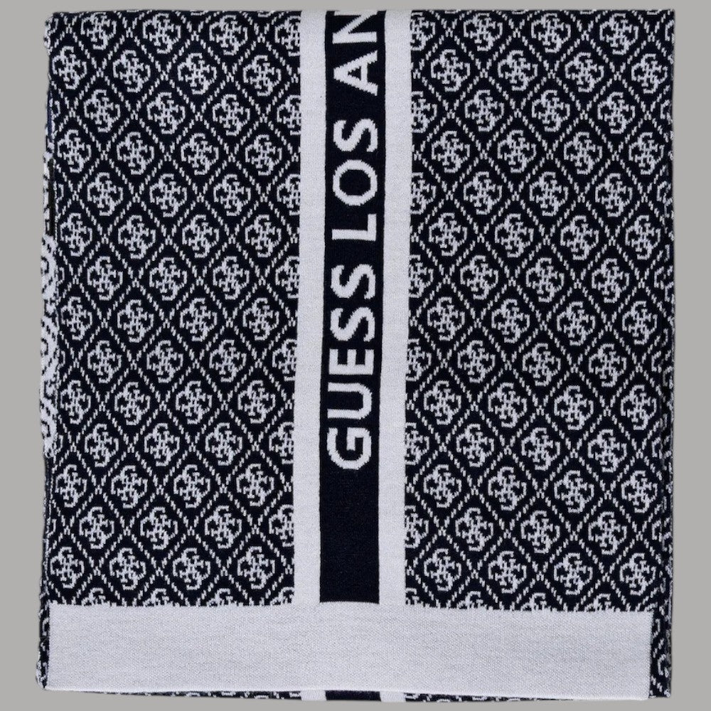 Sciarpa donna blu con motivo 4G fitto e fascia centrale con logo GUESS LOS ANGELES