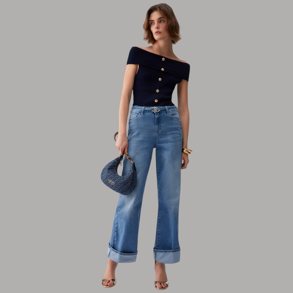 Liu Jo Jeans Flare Vita Alta con Cintura Logo Monogram - Prodotti di Classe