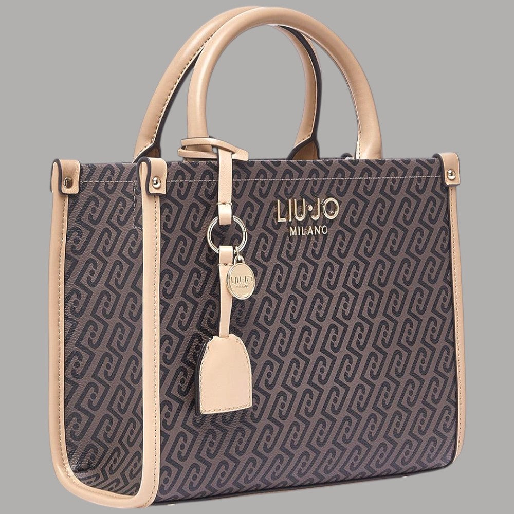 Borsa tote monogram testa di moro con logo LIU•JO MILANO, manici e bordi beige