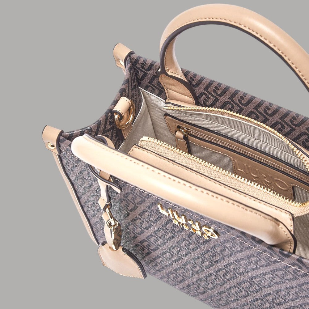 Borsa monogram testa di moro con cerniera superiore e manico in pelle chiara