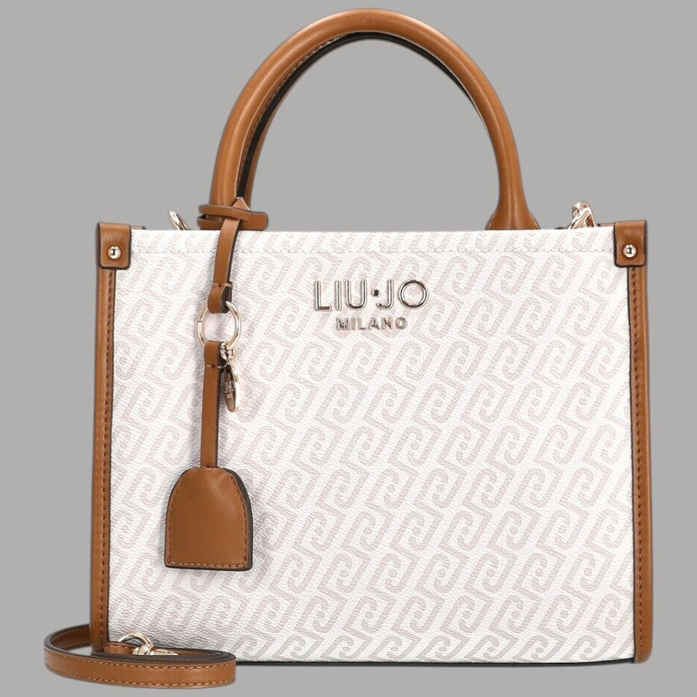 Borsa a mano monogram naturale con logo LIU•JO MILANO, manici e bordi in cuoio