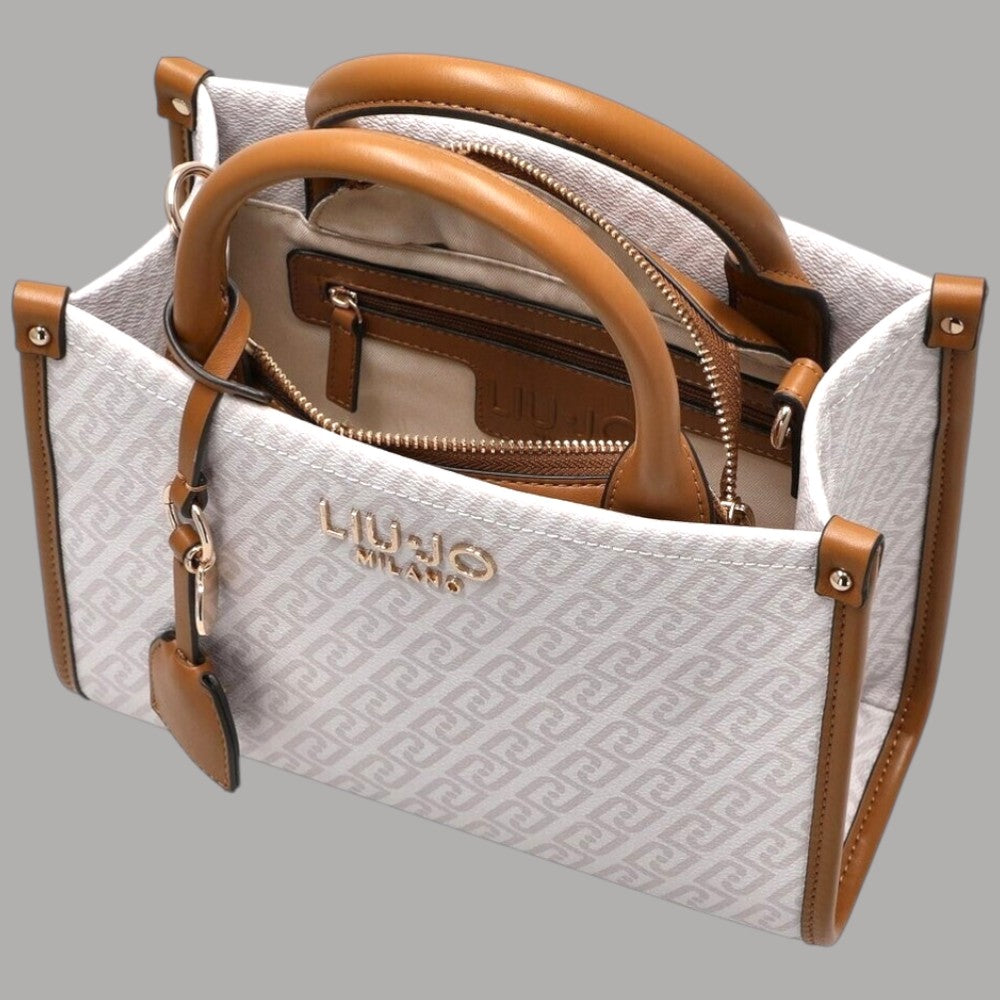 Borsa a mano in tessuto monogram naturale con manici in cuoio e tracolla rimovibile
