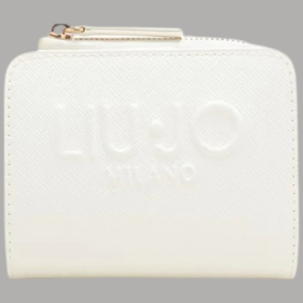 Portafoglio piccolo donna in saffiano crema con logo in rilievo e patta