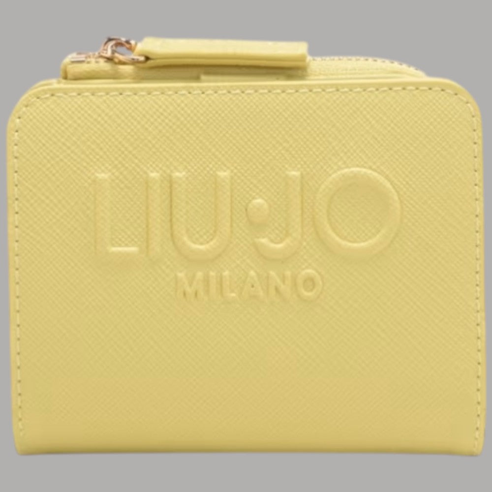 Portafoglio piccolo donna in saffiano giallo avocado con logo in rilievo e zip
