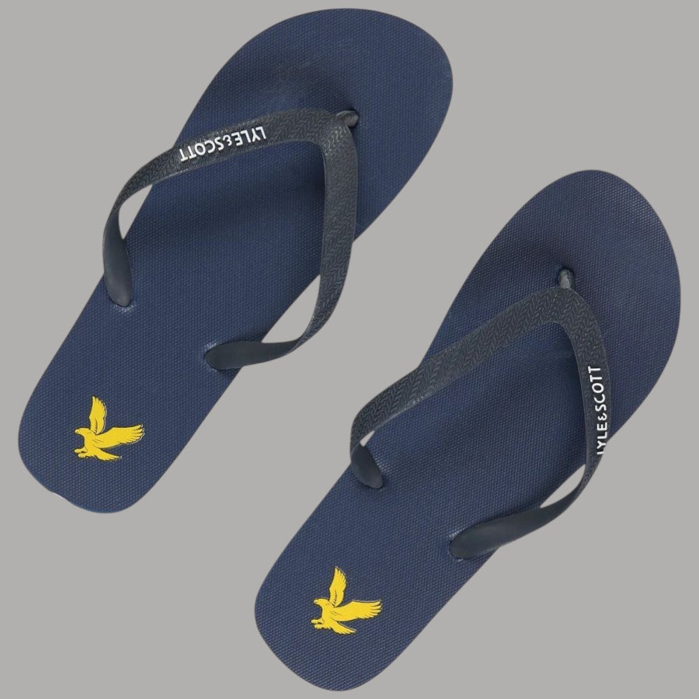 Coppia di infradito blu con logo giallo e cinturino in tessuto scuro