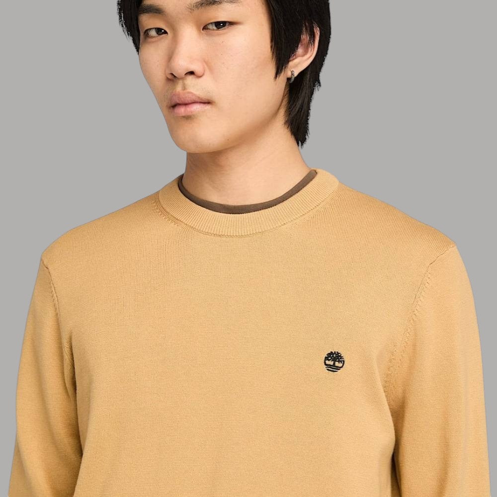 Maglia uomo in cotone marrone chiaro, girocollo e logo timbro sul petto