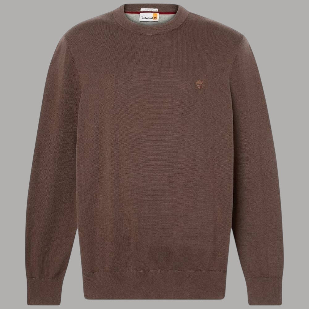 Maglia uomo in cotone marrone scuro, girocollo e logo timbro sul petto