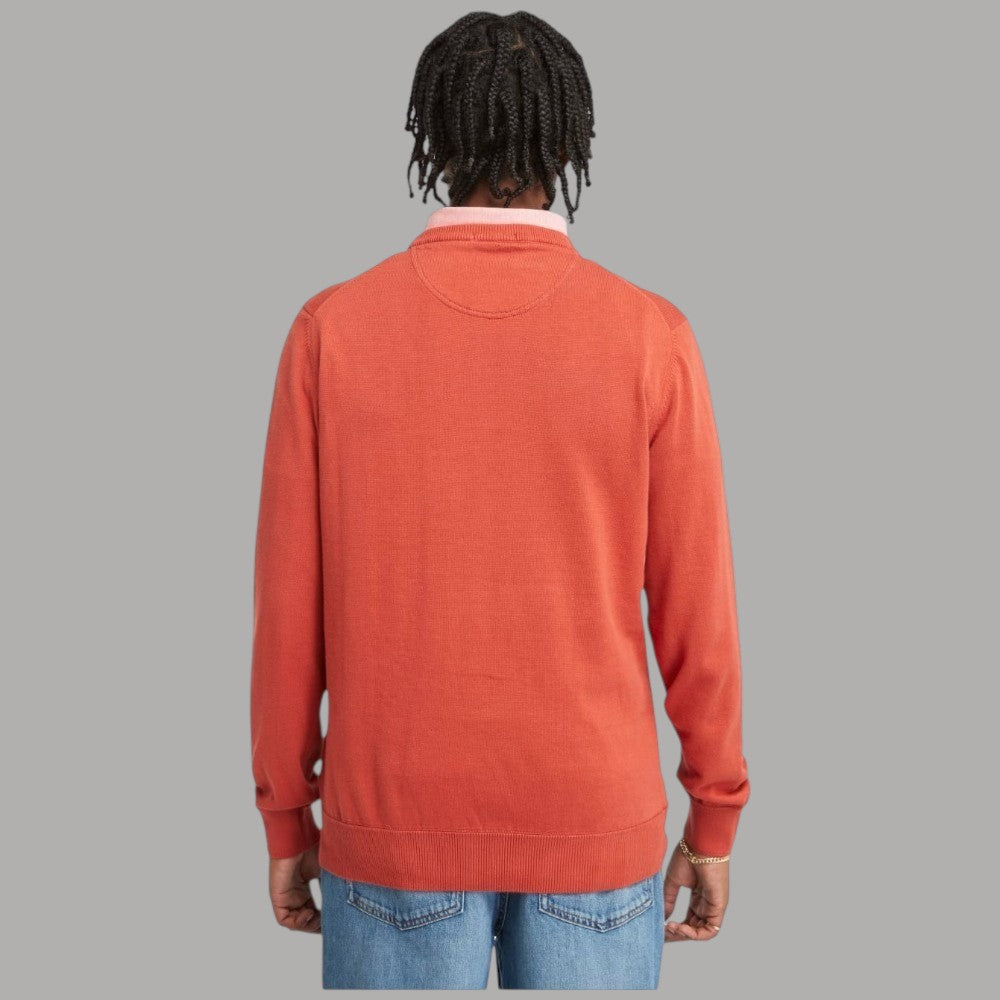 Maglia girocollo corallo in cotone con bordi a costine, vista posteriore