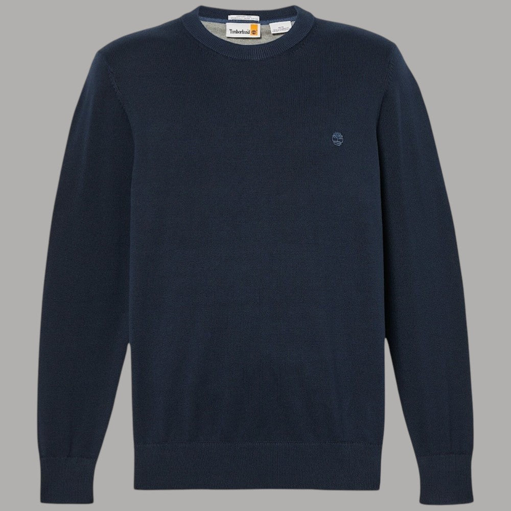 Maglia girocollo blu scuro con logo sul petto, tessuto a maglia fine