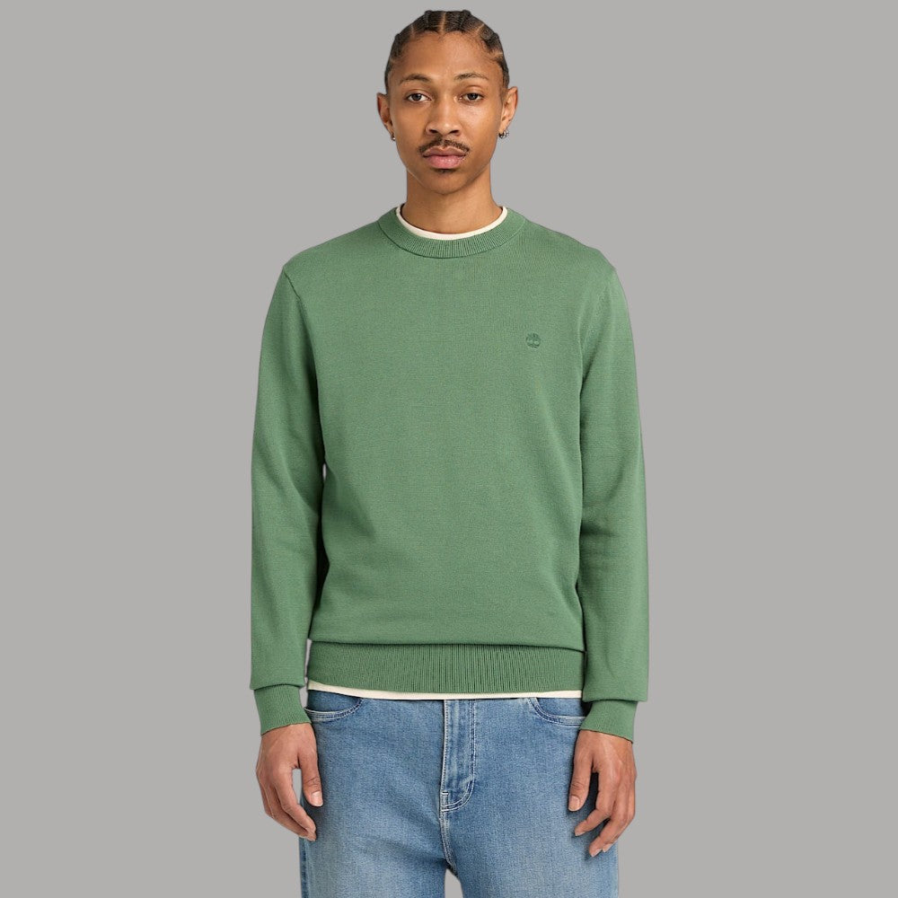 Maglia girocollo verde con logo sul petto, maniche lunghe e costine