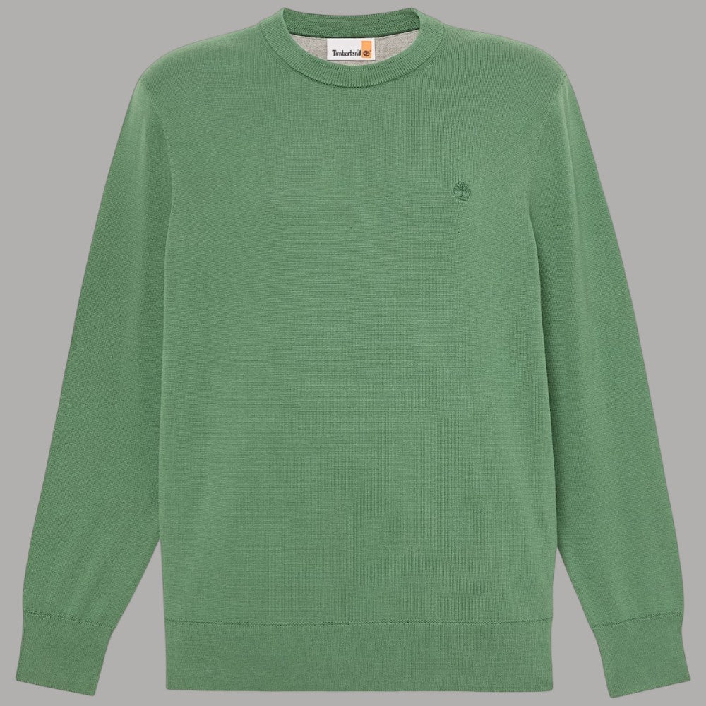 Maglia girocollo verde con etichetta interna, maniche lunghe e costine