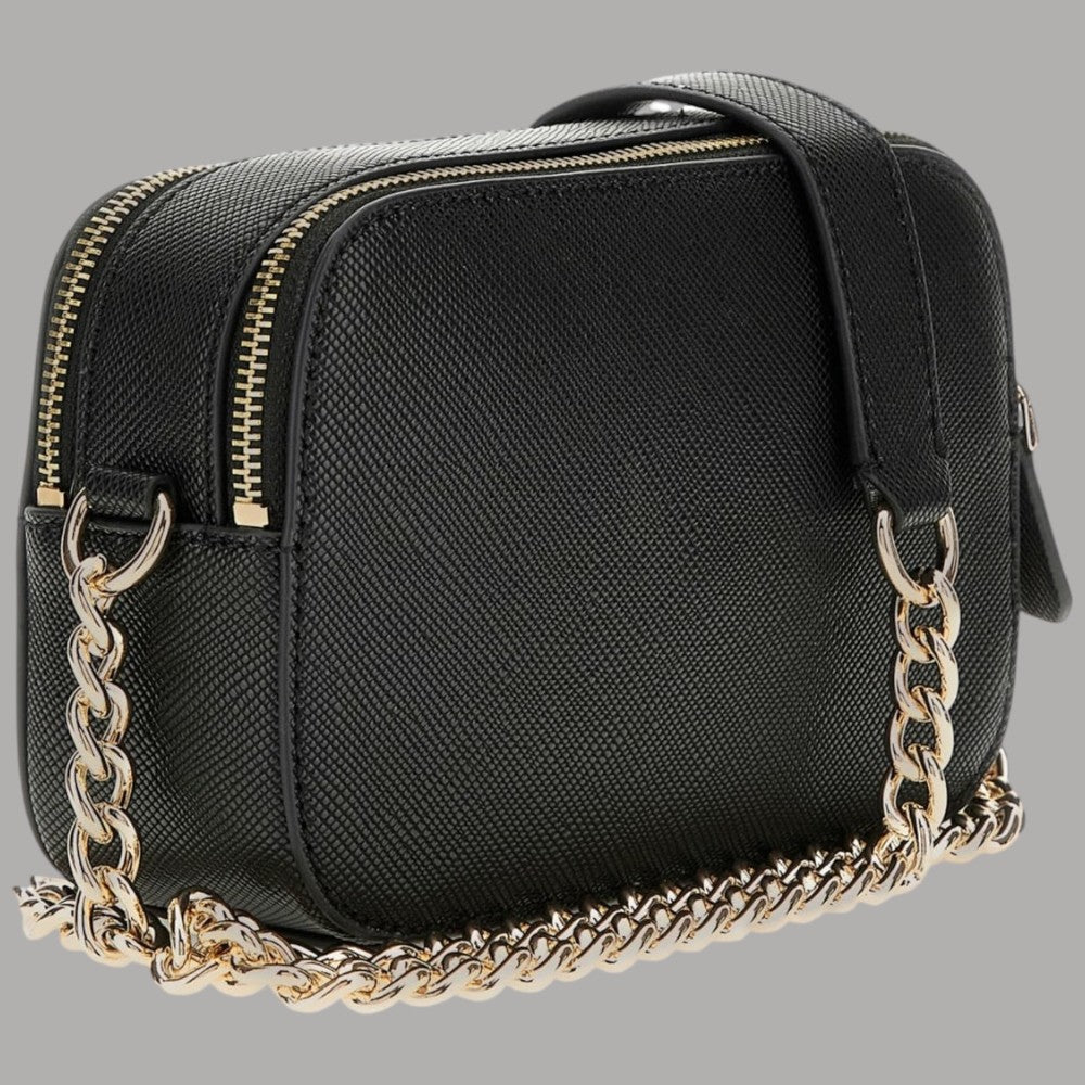 Mini tracolla nera con tracolla e catena dorata, chiusura zip