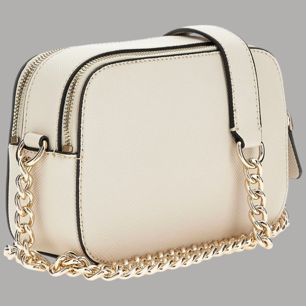 Mini tracolla in saffiano crema con tracolla e catena dorata, chiusura zip