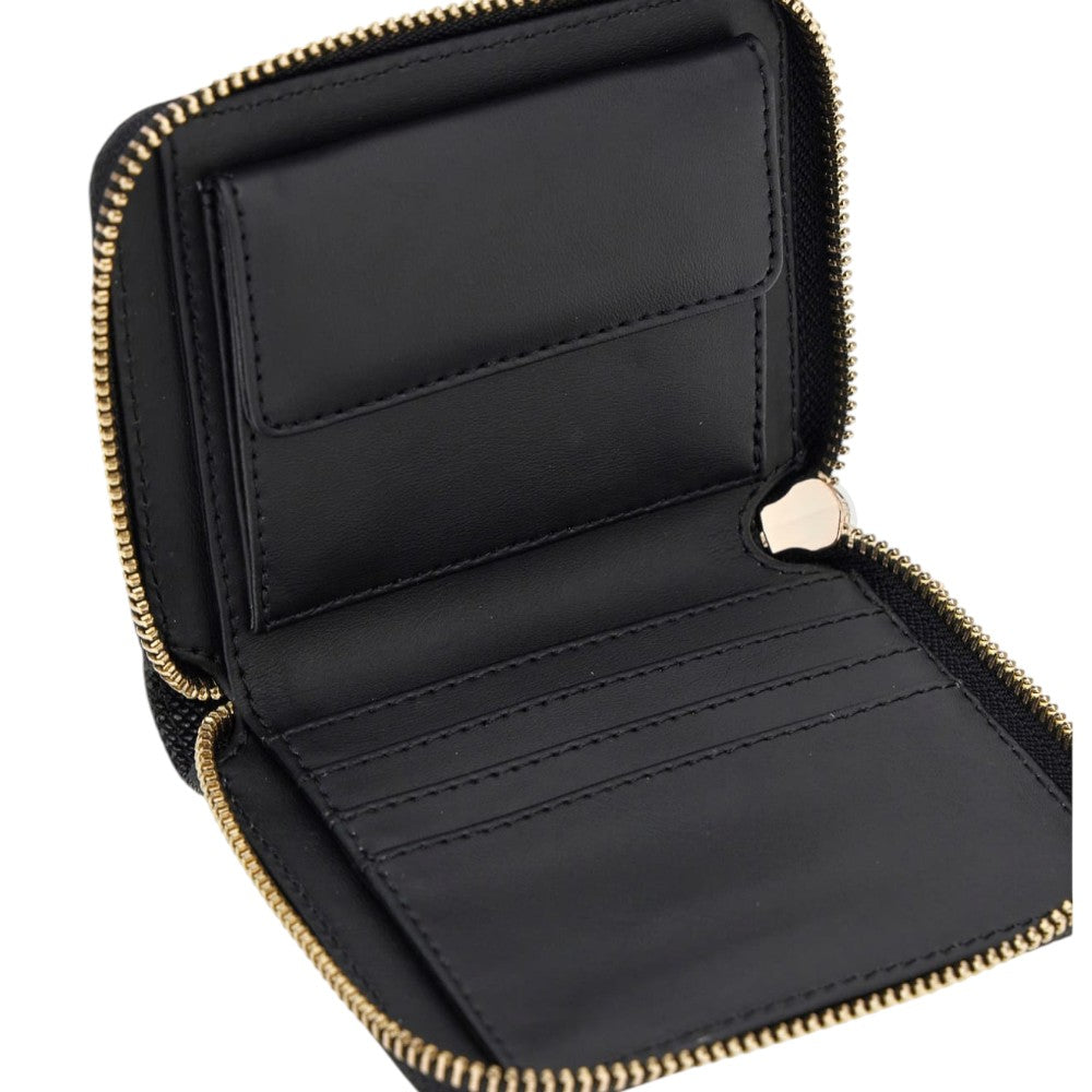 Portafoglio Guess piccolo nero aperto, con scomparti e tasche interne.