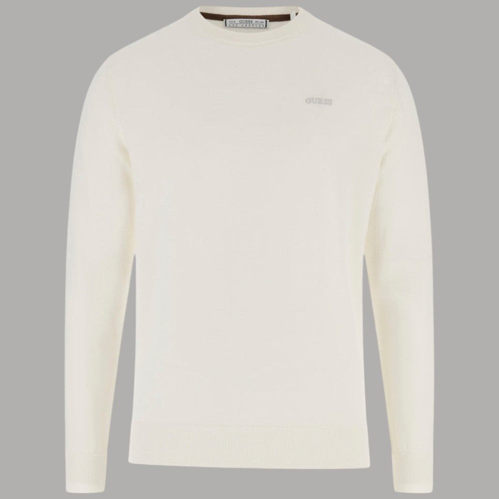 Pullover Guess in cotone latte con logo ricamato sul petto