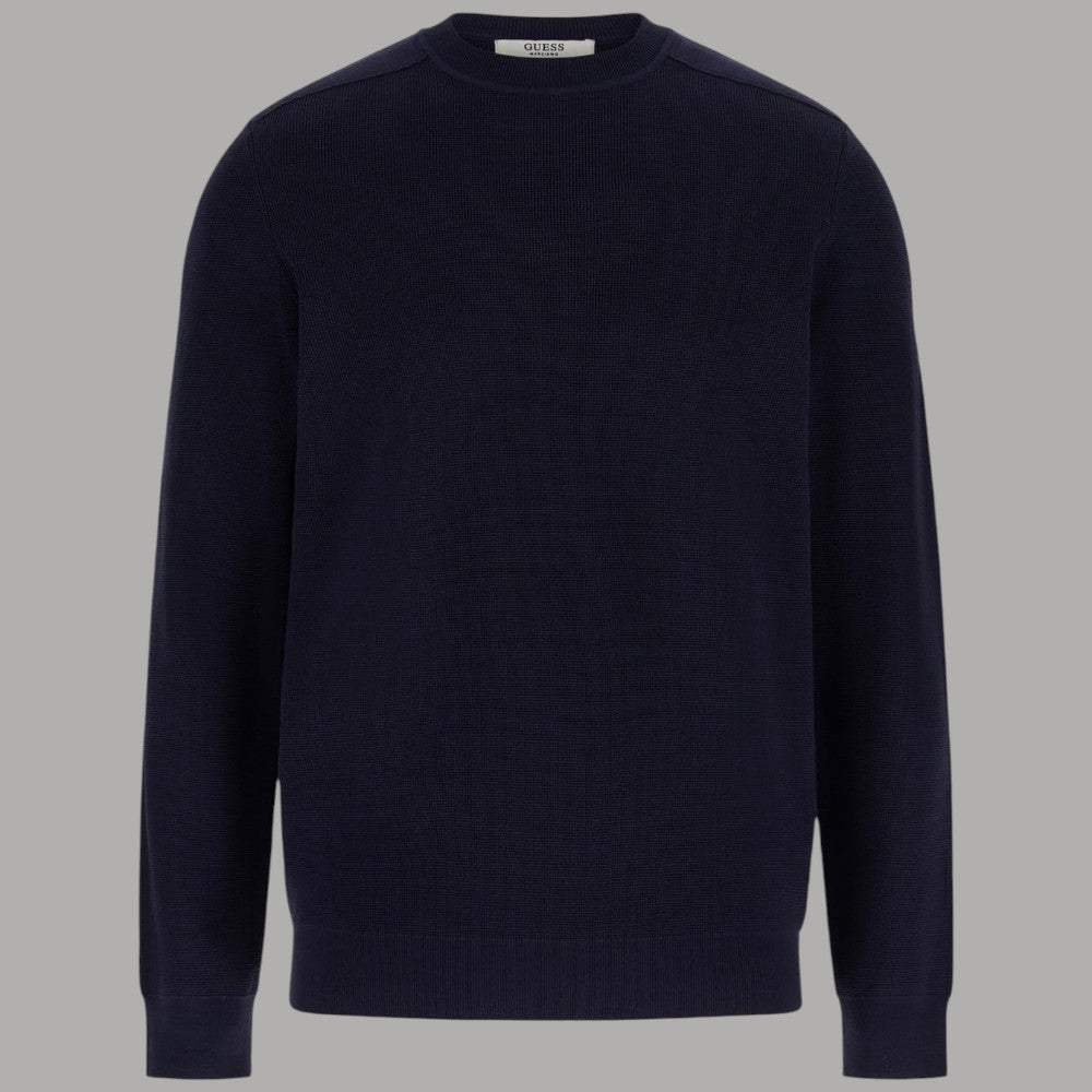 Pullover Guess blu uomo girocollo in maglia, dettaglio scollo e logo