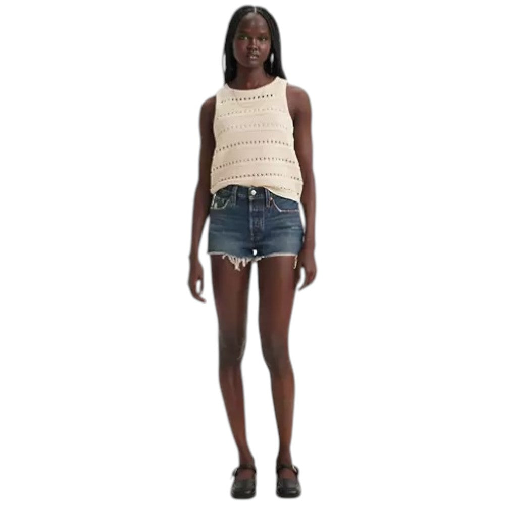 Pantaloncini in denim blu a vita alta con cuciture frontali e orlo sfrangiato
