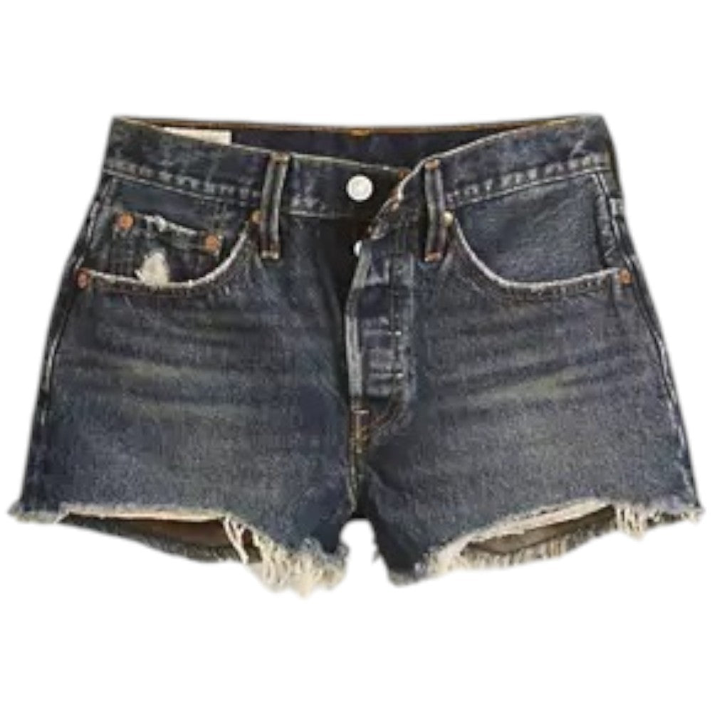 Pantaloncini in denim blu a vita alta con bottoni, tasche anteriori e orlo sfrangiato
