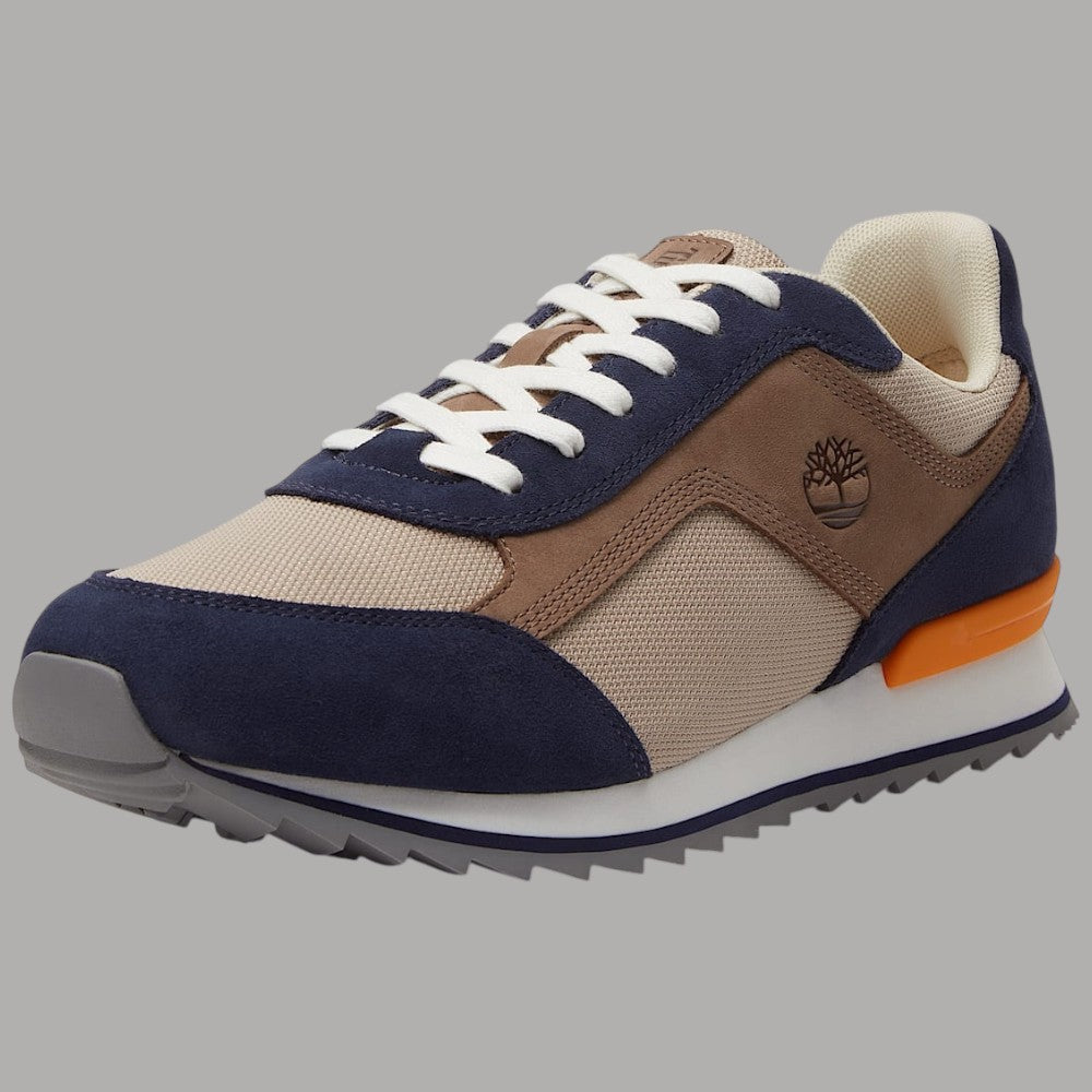 Sneakers blu e beige in pelle e mesh con lacci bianchi