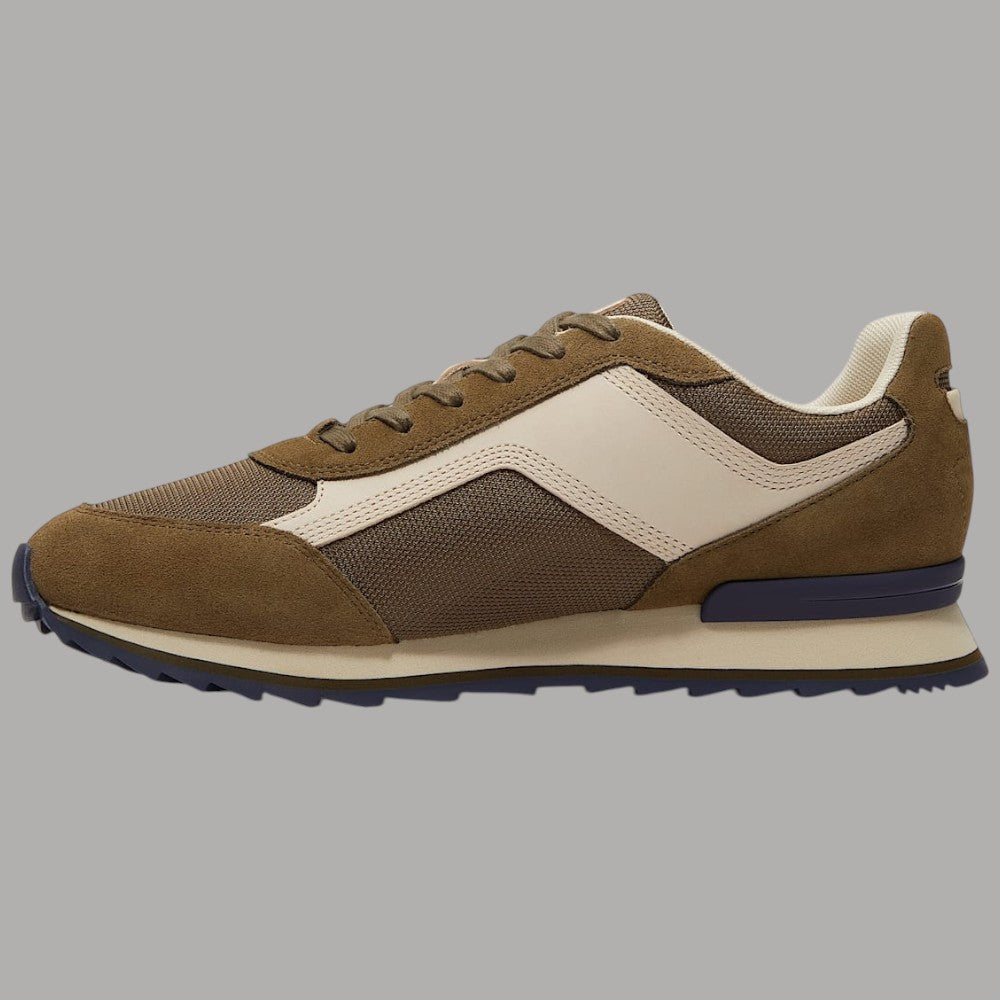 Sneakers marroni e beige con pannelli a contrasto e suola a rilievi