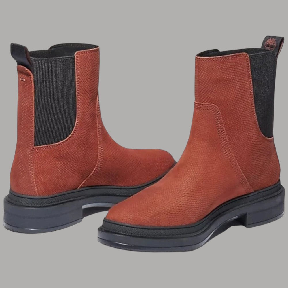 Stivaletti Chelsea da donna Timberland, elastico nero e tomaia rossa con suola spessa