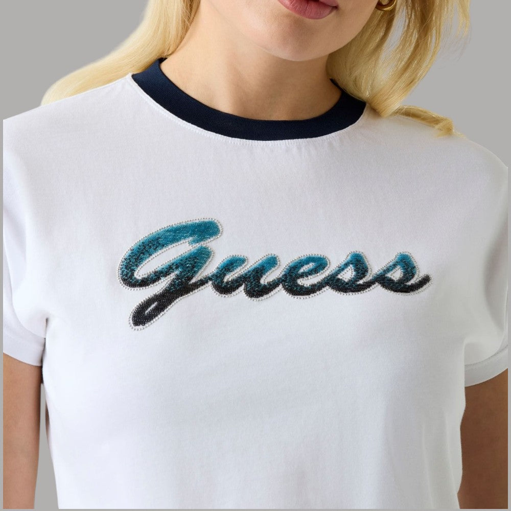 T-shirt Guess Cotone Donna Logo Paillettes Maniche Corte - Prodotti di Classe