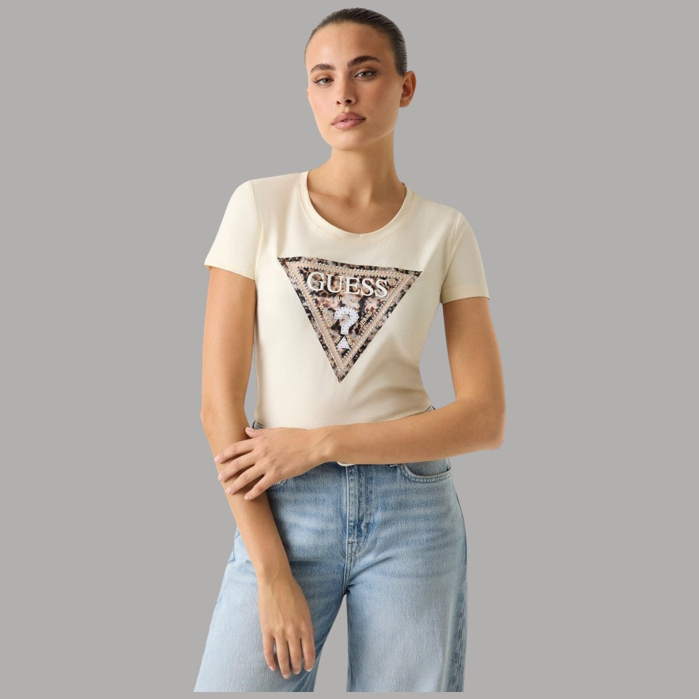 T-shirt Guess Donna Logo a Triangolo Maculato con Strass - Prodotti di Classe