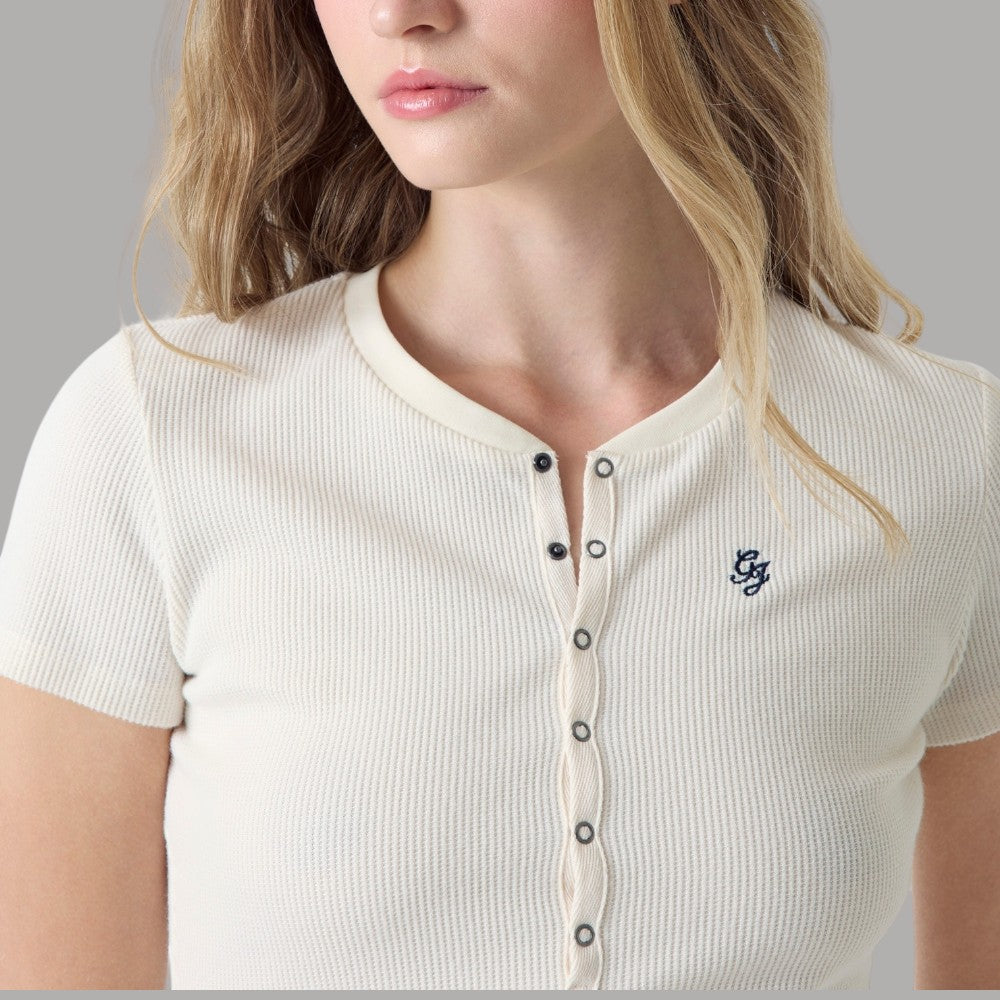 T-shirt Guess GJ Serafino Cropped Quadretti con Bottoni e Logo - Prodotti di Classe