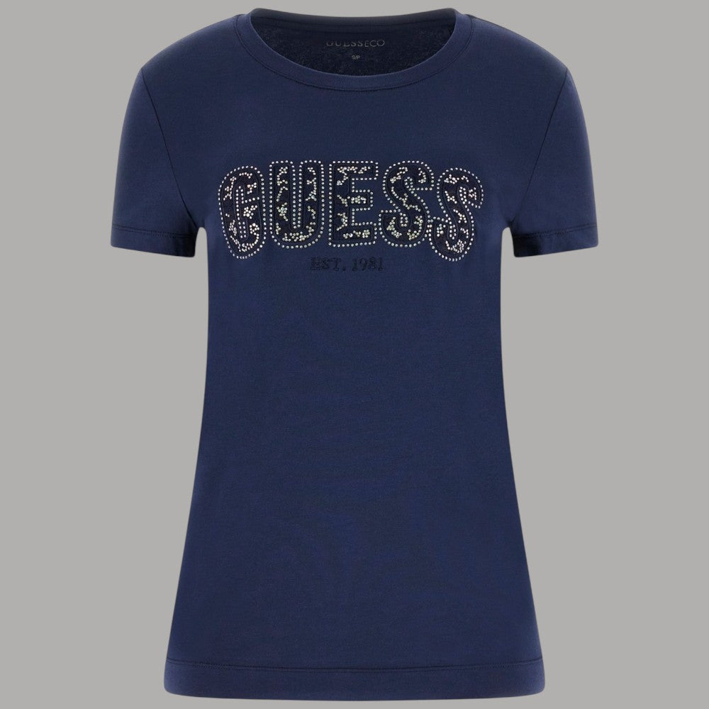 T-shirt Guess Slim Donna Logo Strass Glamour Cotone Stretch - Prodotti di Classe