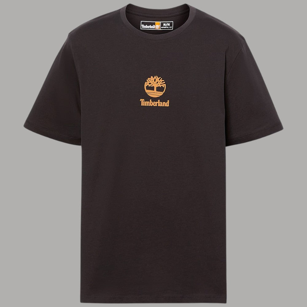 T-shirt di cotone nera Timberland con logo stampato centrale e etichetta al collo