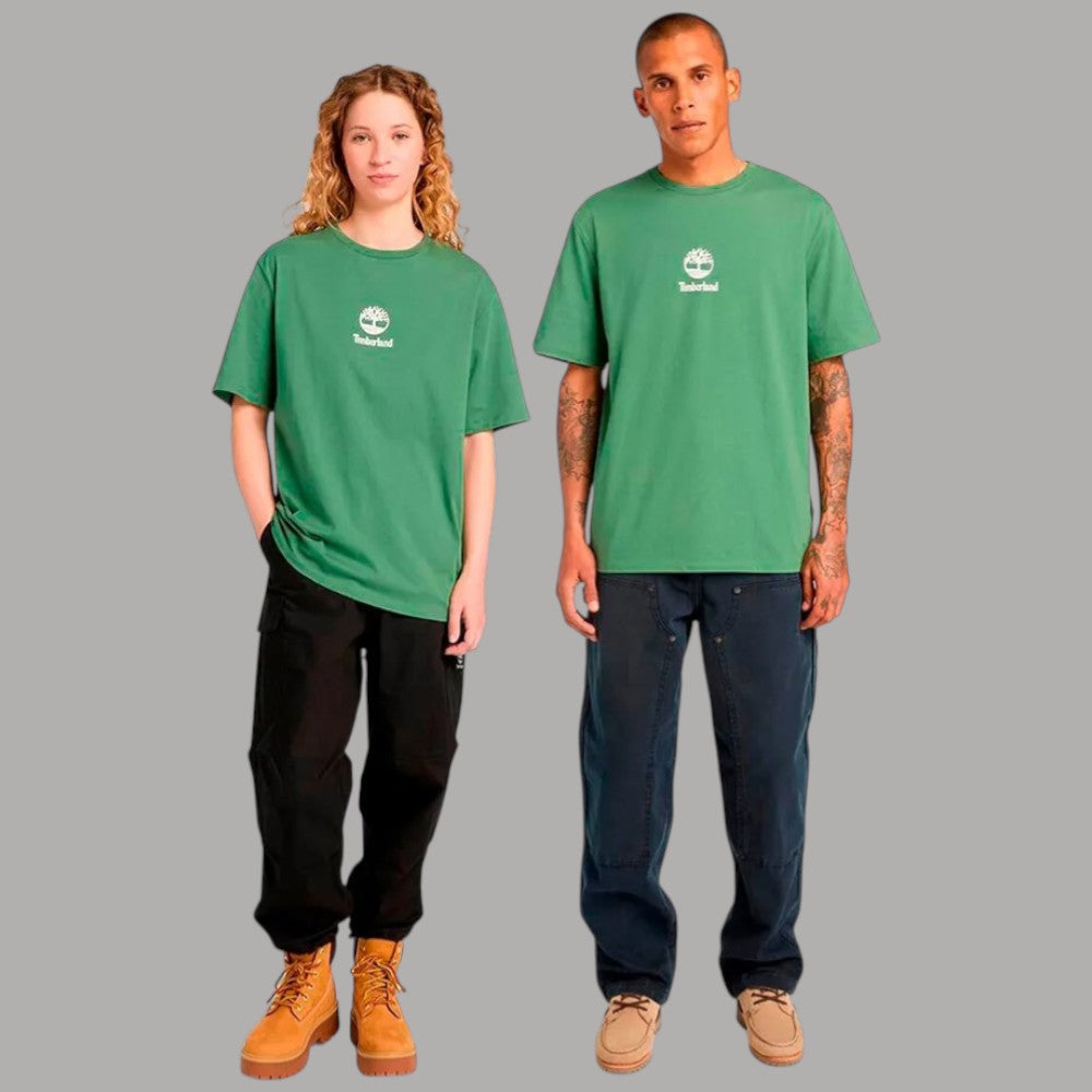 T-shirt verde in cotone, maniche corte, logo stampato sul petto.