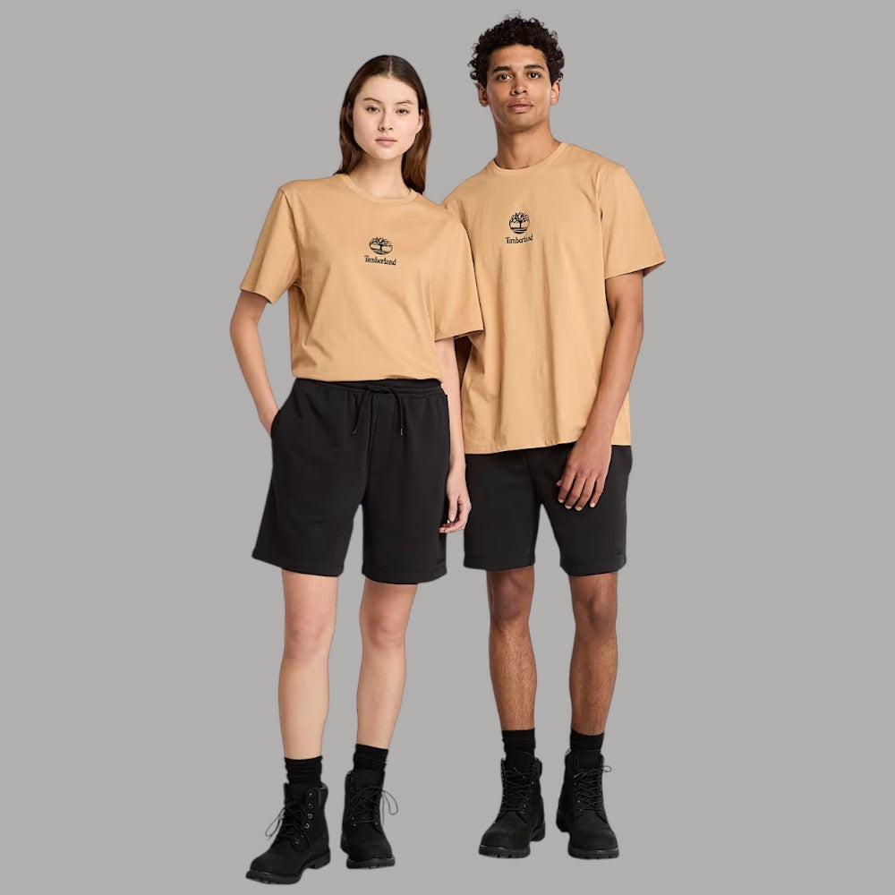 T-shirt beige in cotone con logo stampato sul petto, uomo e donna, maniche corte.