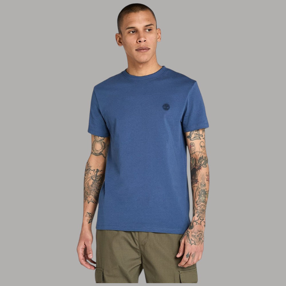 T-shirt uomo blu in cotone slim con logo ricamato sul petto