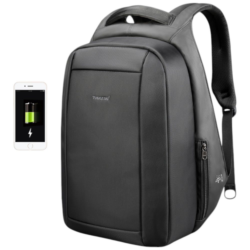 Zaino nero da viaggio con pannello frontale e zip laterale.