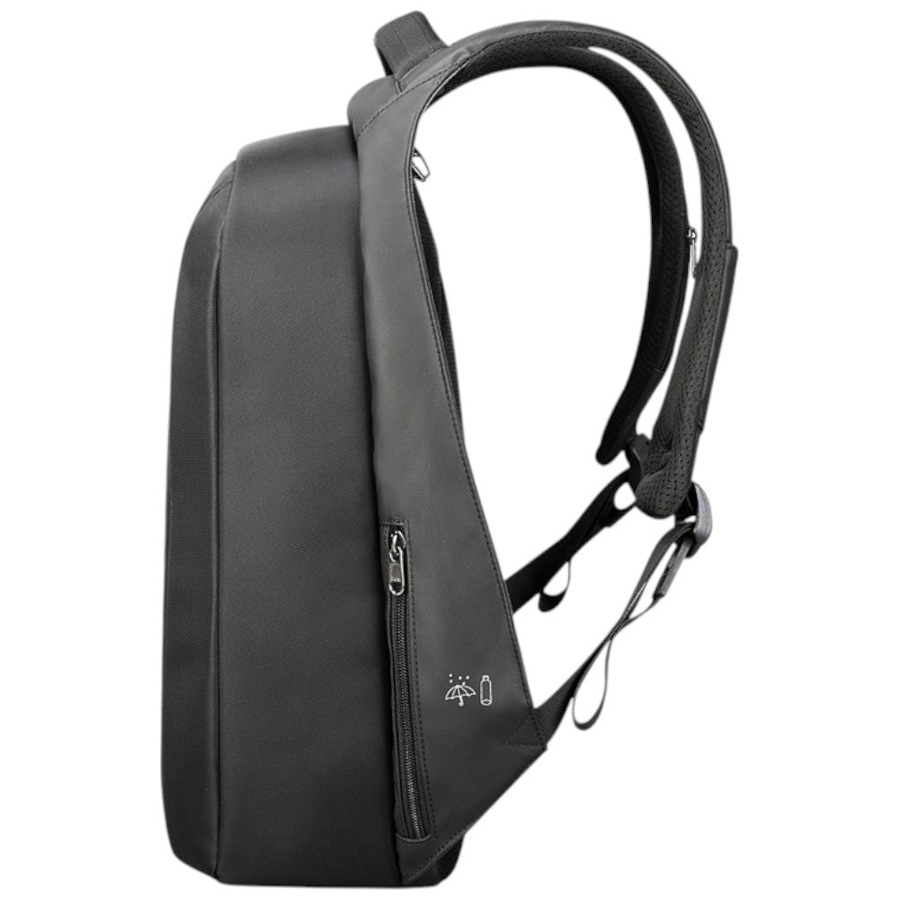 Zaino nero da viaggio con cinghie posteriori regolabili e tasca con zip.
