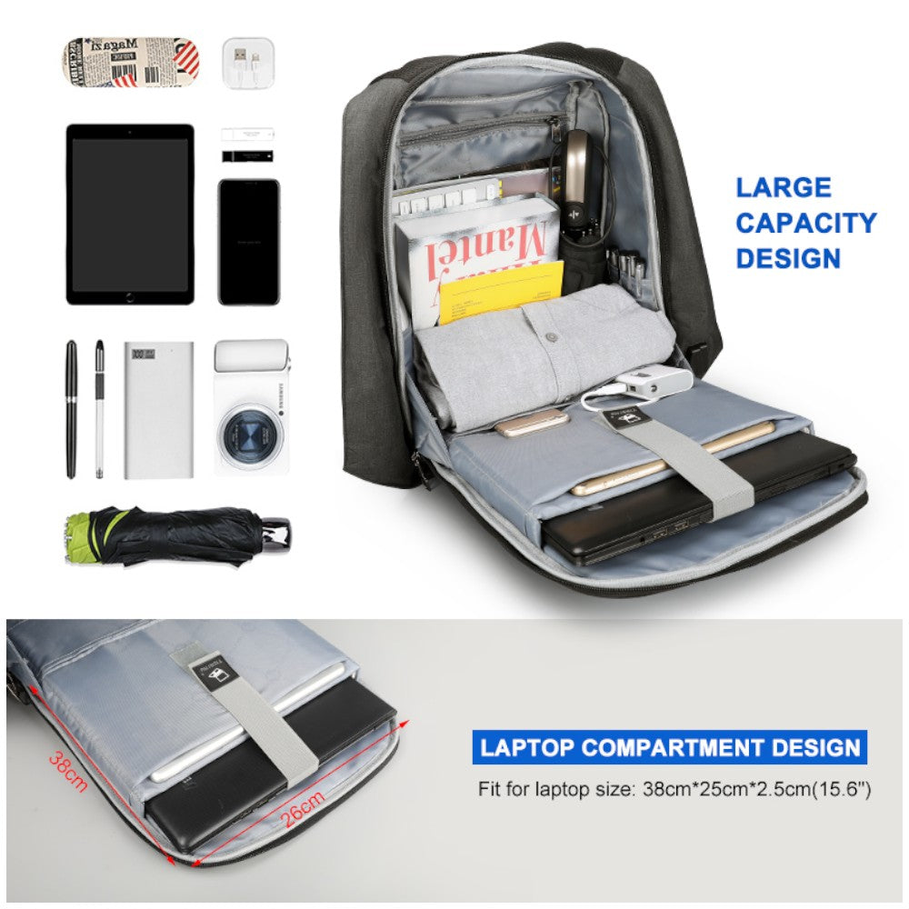 Zaino nero da viaggio aperto con vano laptop imbottito e divisori interni.