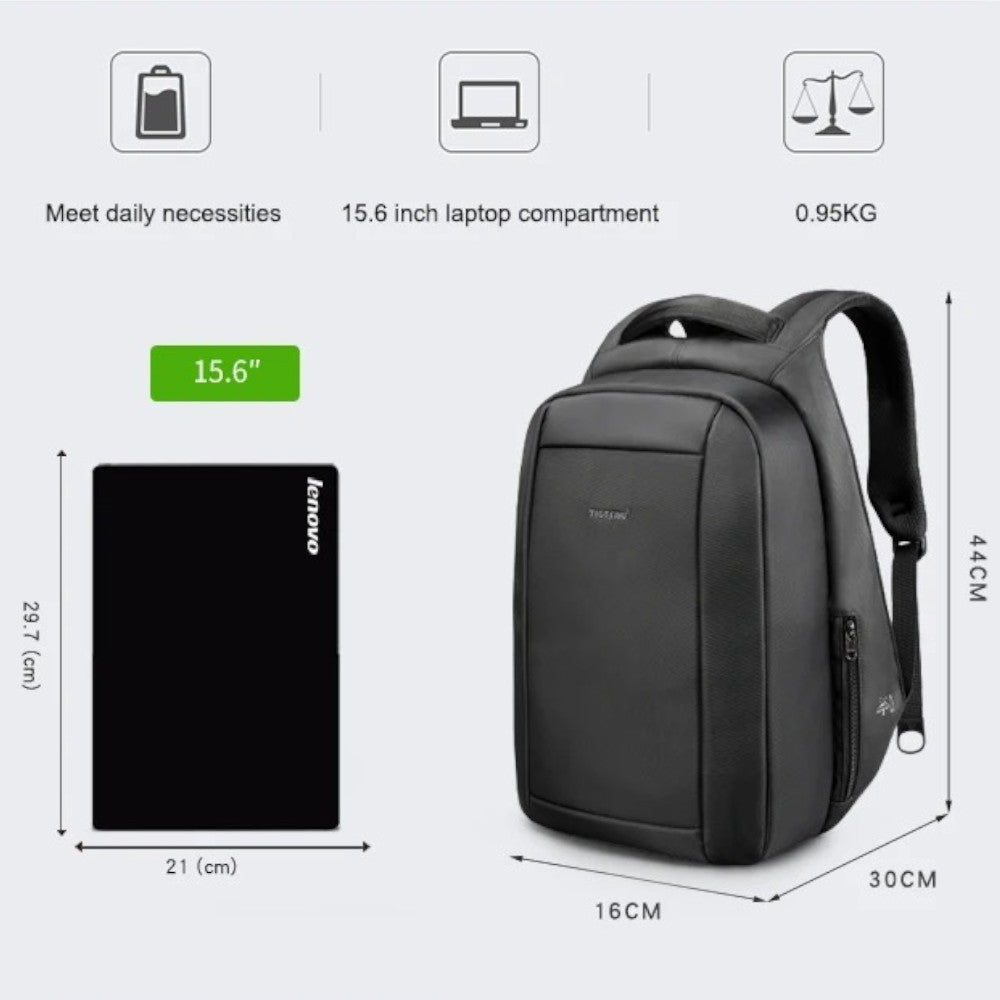 Zaino nero da viaggio 41×30×16 cm, vano laptop 15,6 pollici.