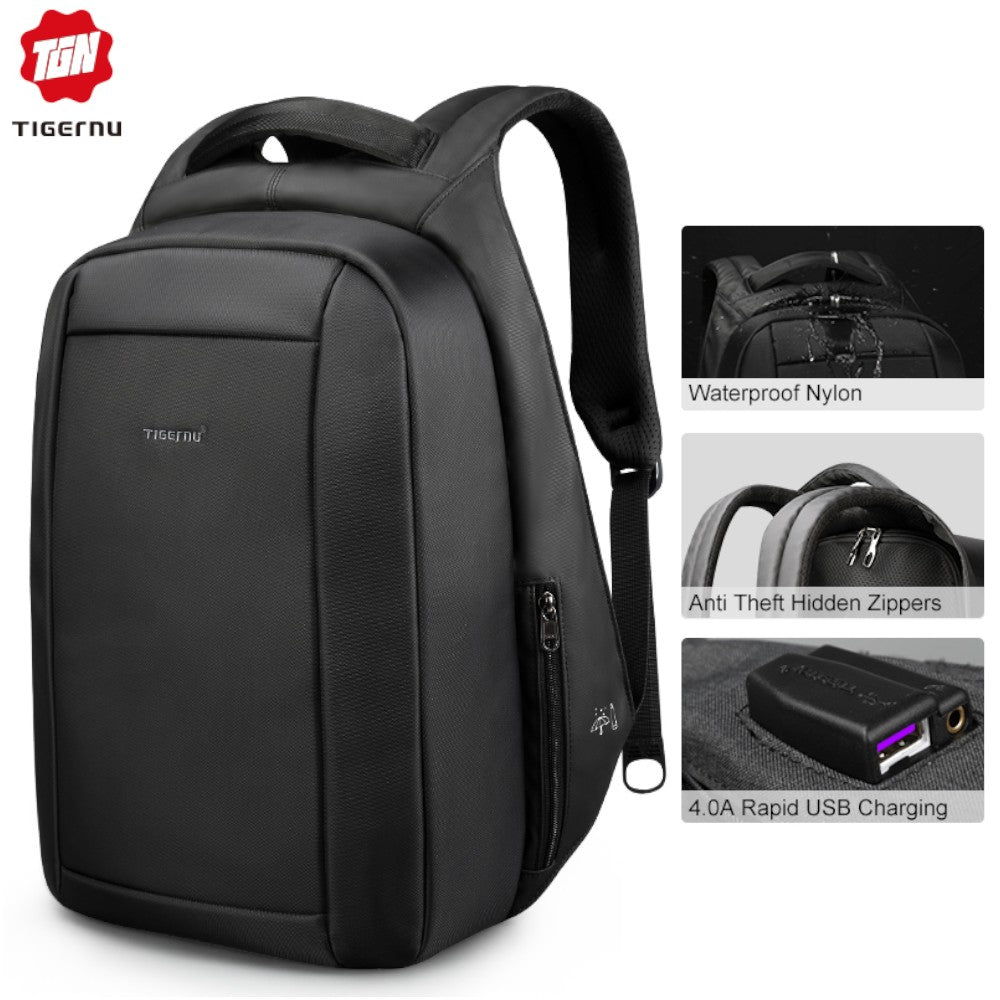 Zaino nero da viaggio con maniglia superiore e tasca laterale con zip.