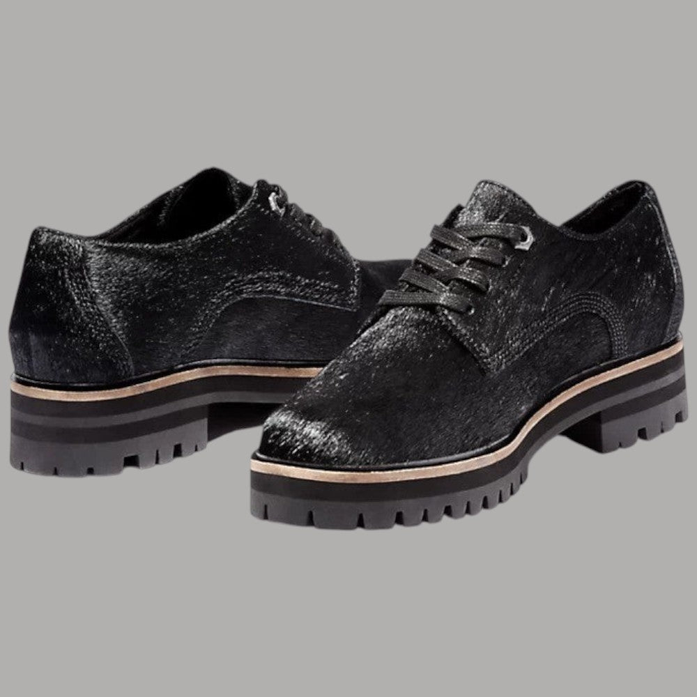 Scarpe Oxford donna in pelle nera con lacci e suola carrarmato, tacco 3,5 cm