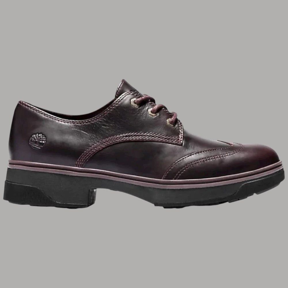 Scarpa Oxford da donna bordeaux in pelle, allacciata con suola spessa in gomma